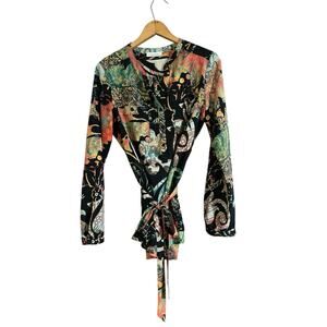 Women's Calvin Klein 1/2 Button Tie Front Hawaiian Print Blouse Kimono Medium